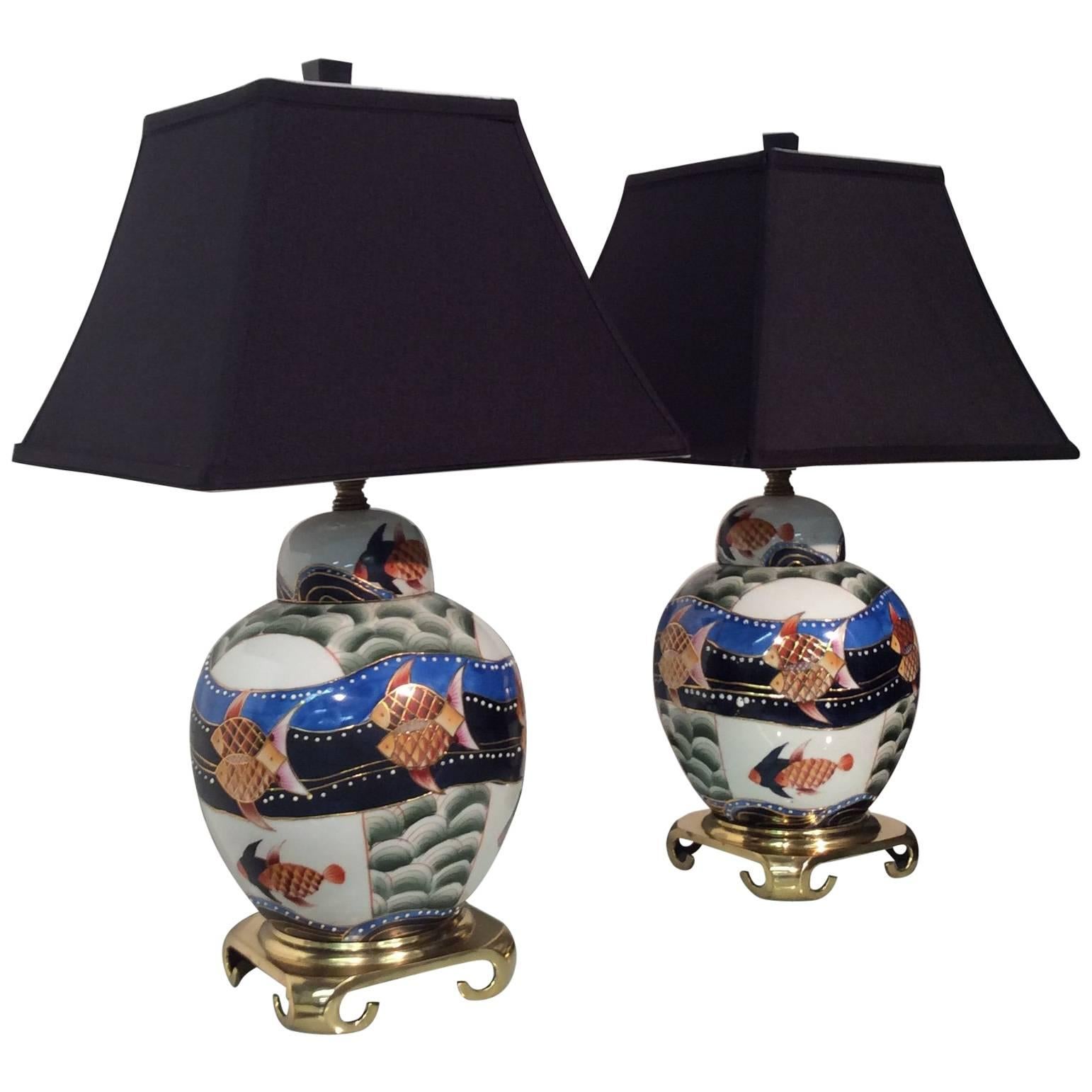 Asian Koi Fish Lamps, Pair