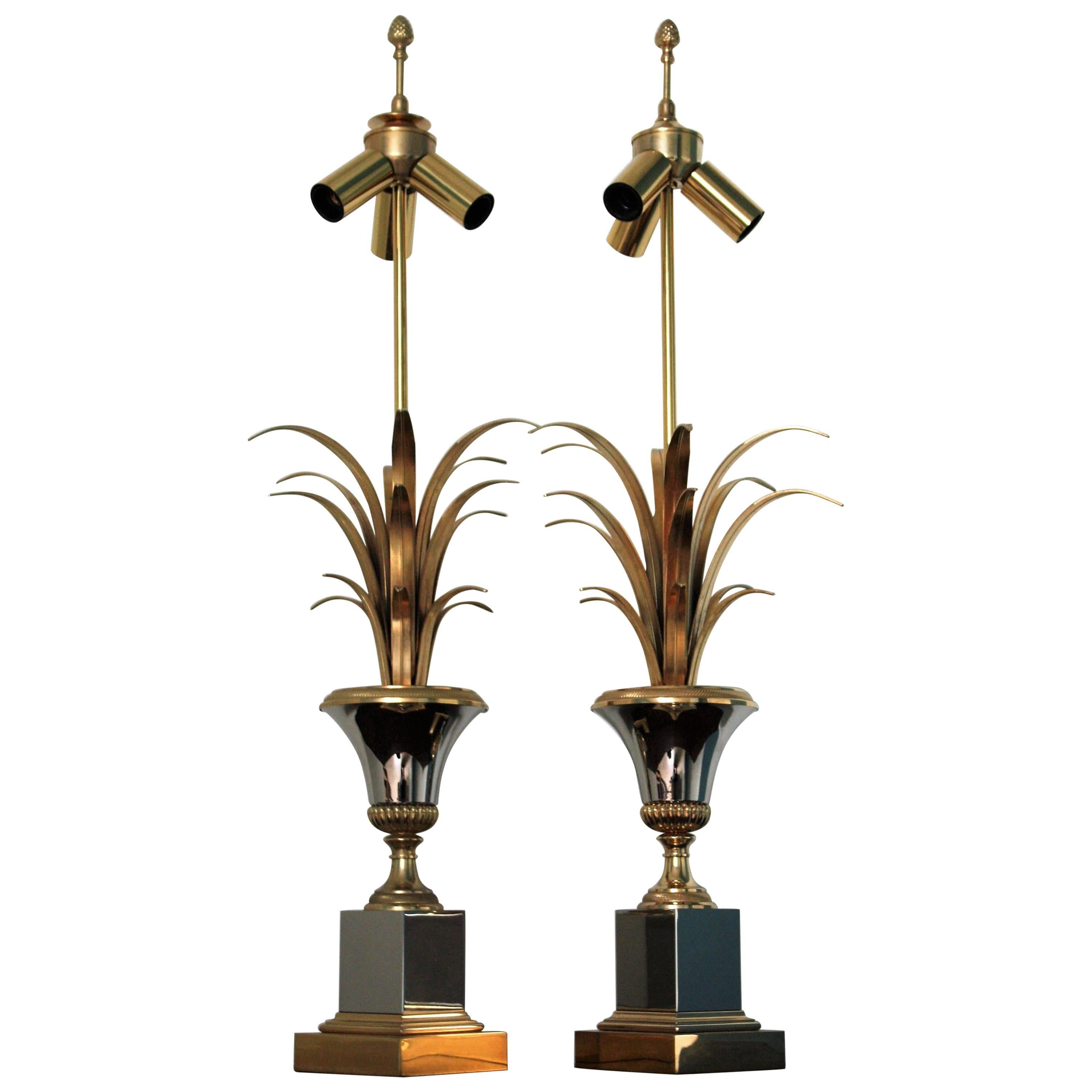 Pair of Brass Pineapple Leaf Table Lamps Attributed to Maison Charles, 1960s For Sale