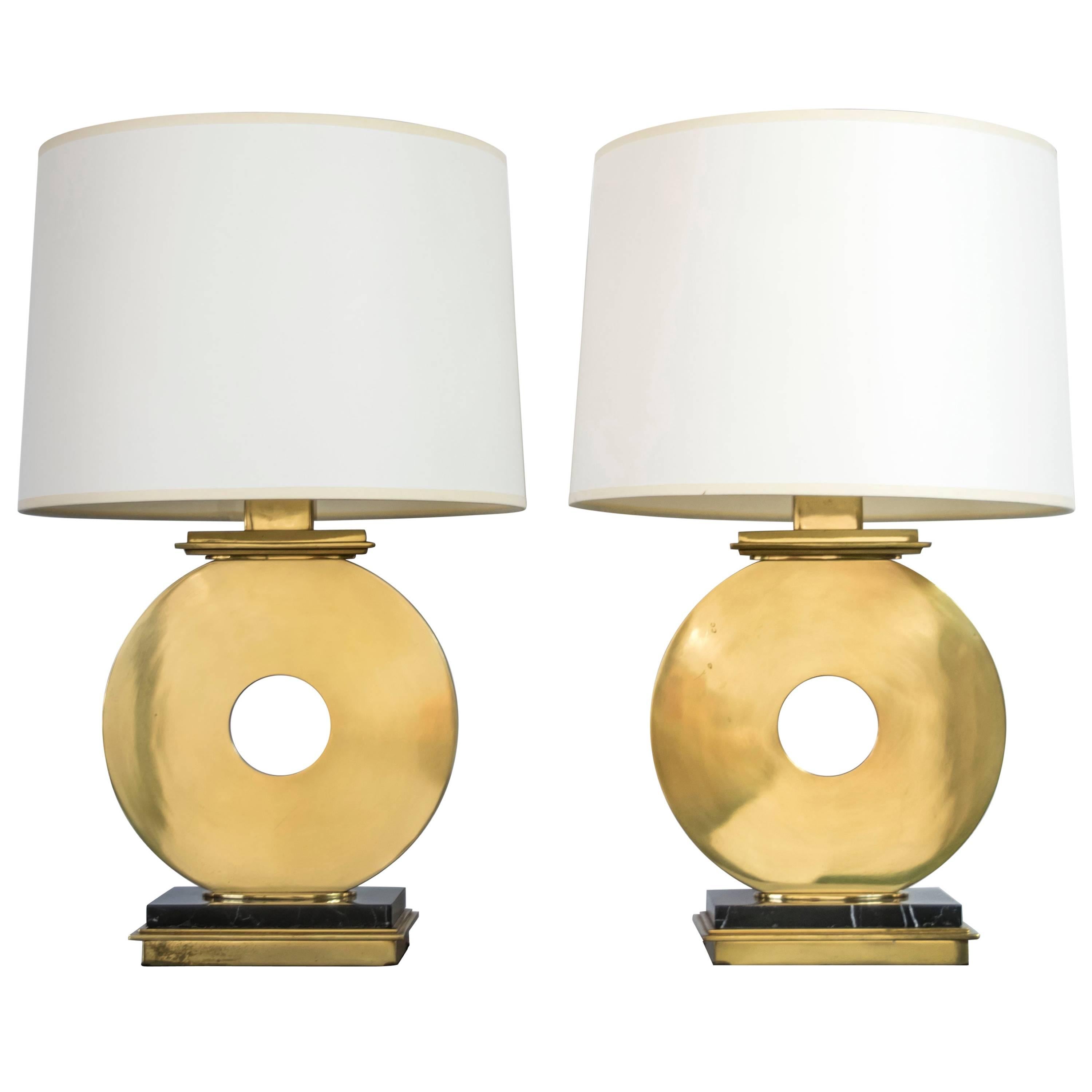 1970s Brass and Black Marble "O" Table Lamps