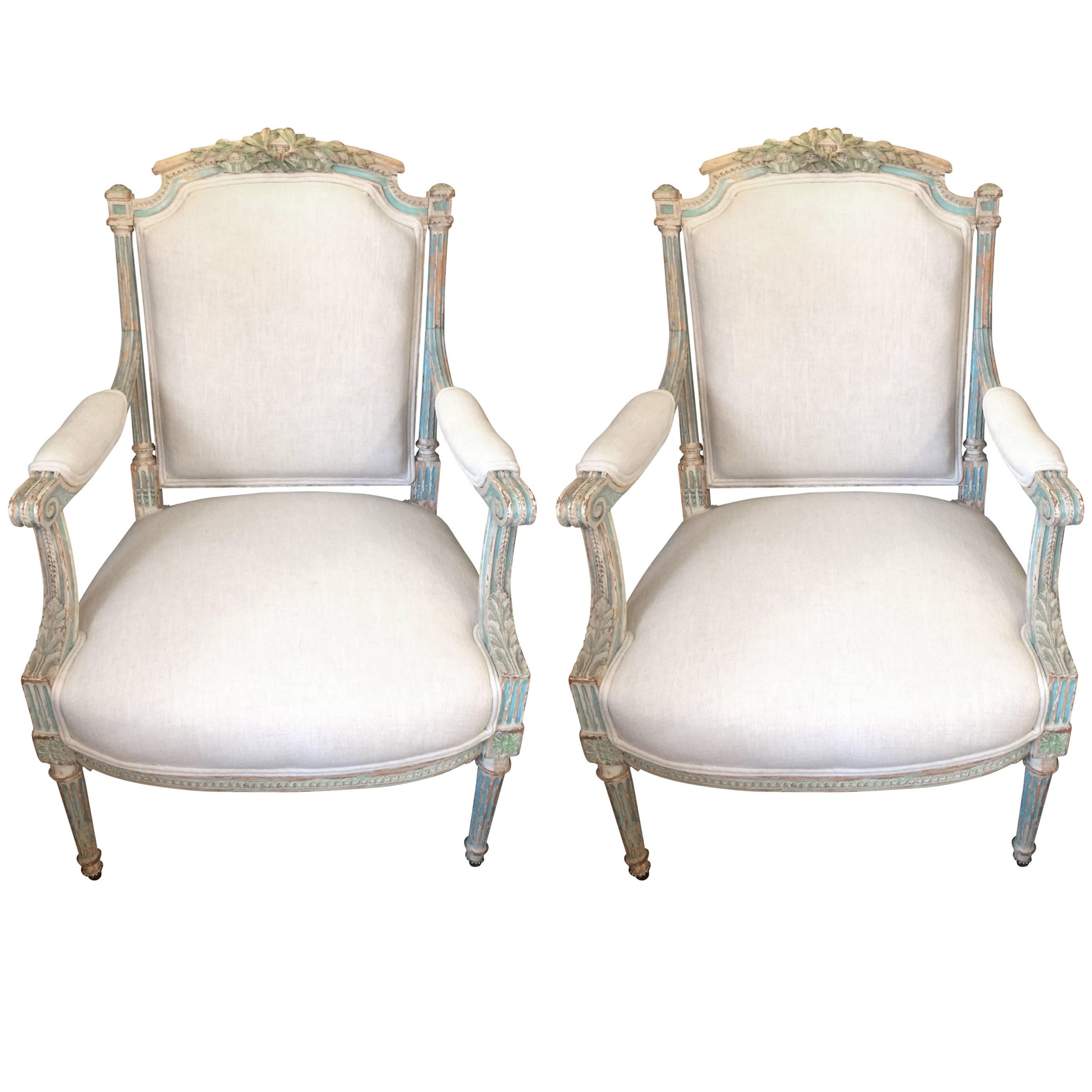 Pair of Lovely French Style Painted Wood Armchairs