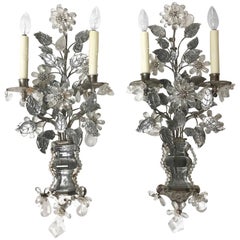 Maison Baguès Style Two-Arm Rock Crystal and Silvered Metal Sconces