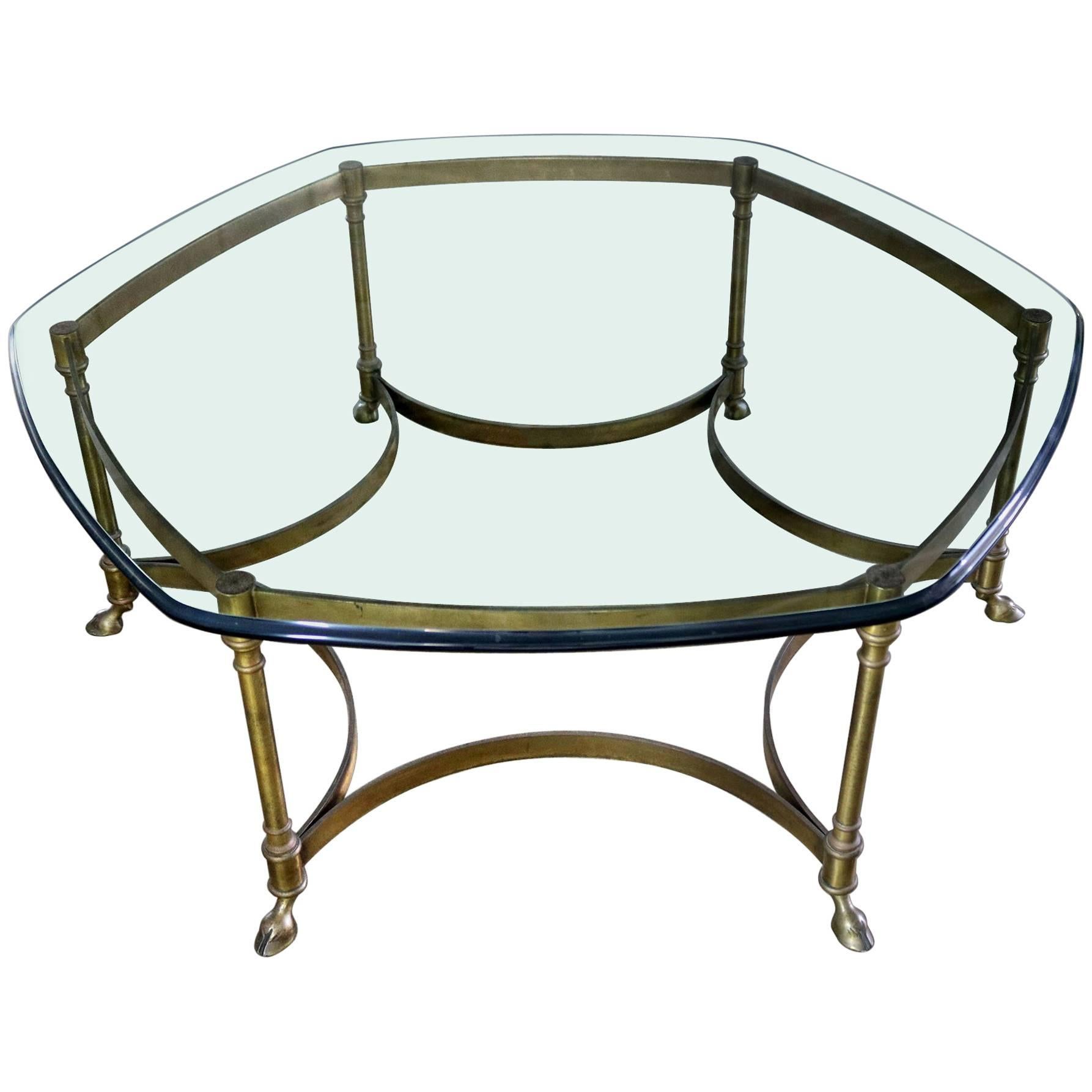 Neoclassical Hollywood Regency Brass and Glass Hexagon Coffee Table Hoof Feet