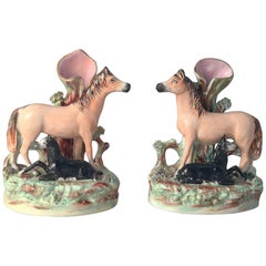 Pair of 19th Century English Staffordshire Horses with Foals