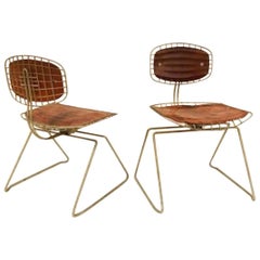 Pair of Chairs in Steel Wire and Leather, Model Beaubourg by Michel Cadestin