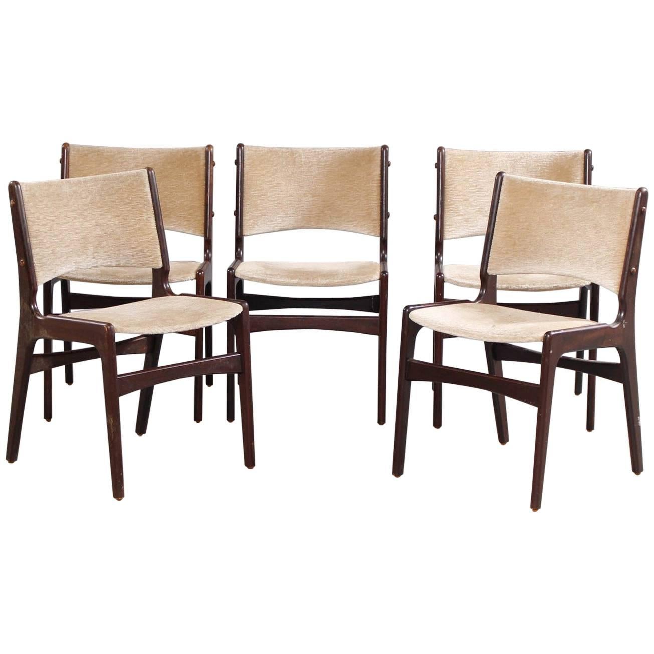 1950s Five Erik Buch Dining Chairs in Solid Teak and Grey Velvet
