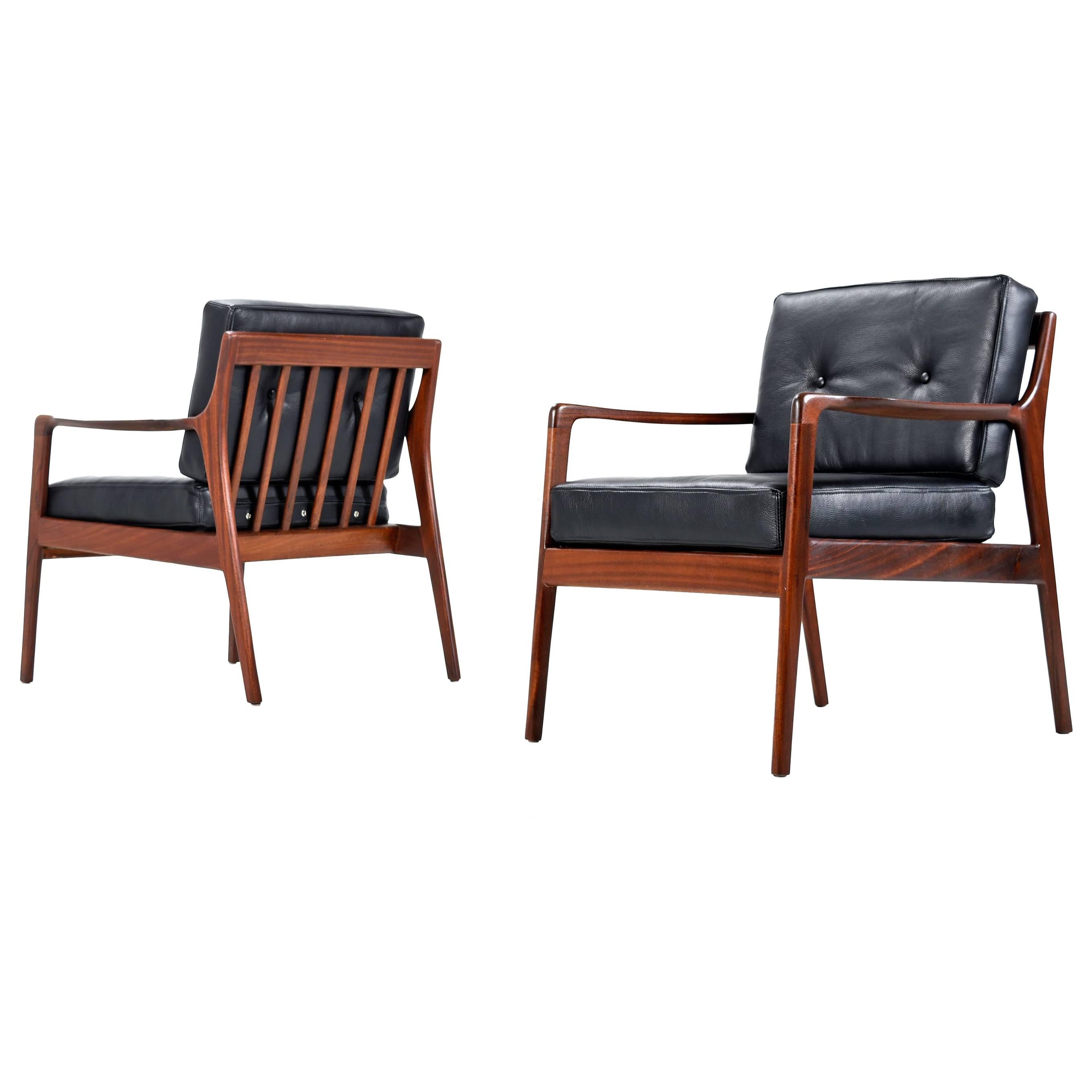 Pair of Black Leather Mid-Century Modern Mahogany Lounge Chairs