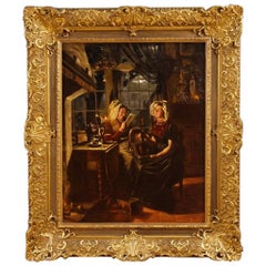 Dutch Interior Scene Painting Signed and Dated A. J. Madiol, 1911