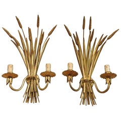  1950s, French Flor Art Gold Leaf Gilt Iron Two-Light Wall Sconces