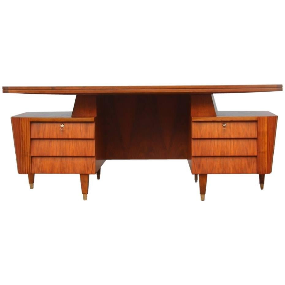 Italian Mid-Century Modern Design Desk Walnut Wood 1950 Minimal  Geometric Shape