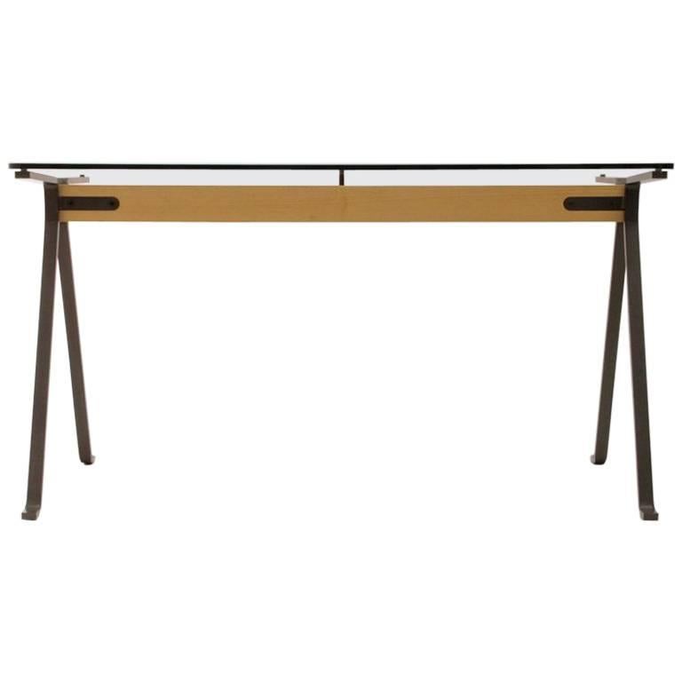 Table en bois de tilleul et acier avec plateau en verre trempé « Frame » de E. Mari pour Driade en vente