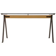 "Frate" Tempered Glass Top Benchwood Beam and Steel Table by E. Mari for Driade