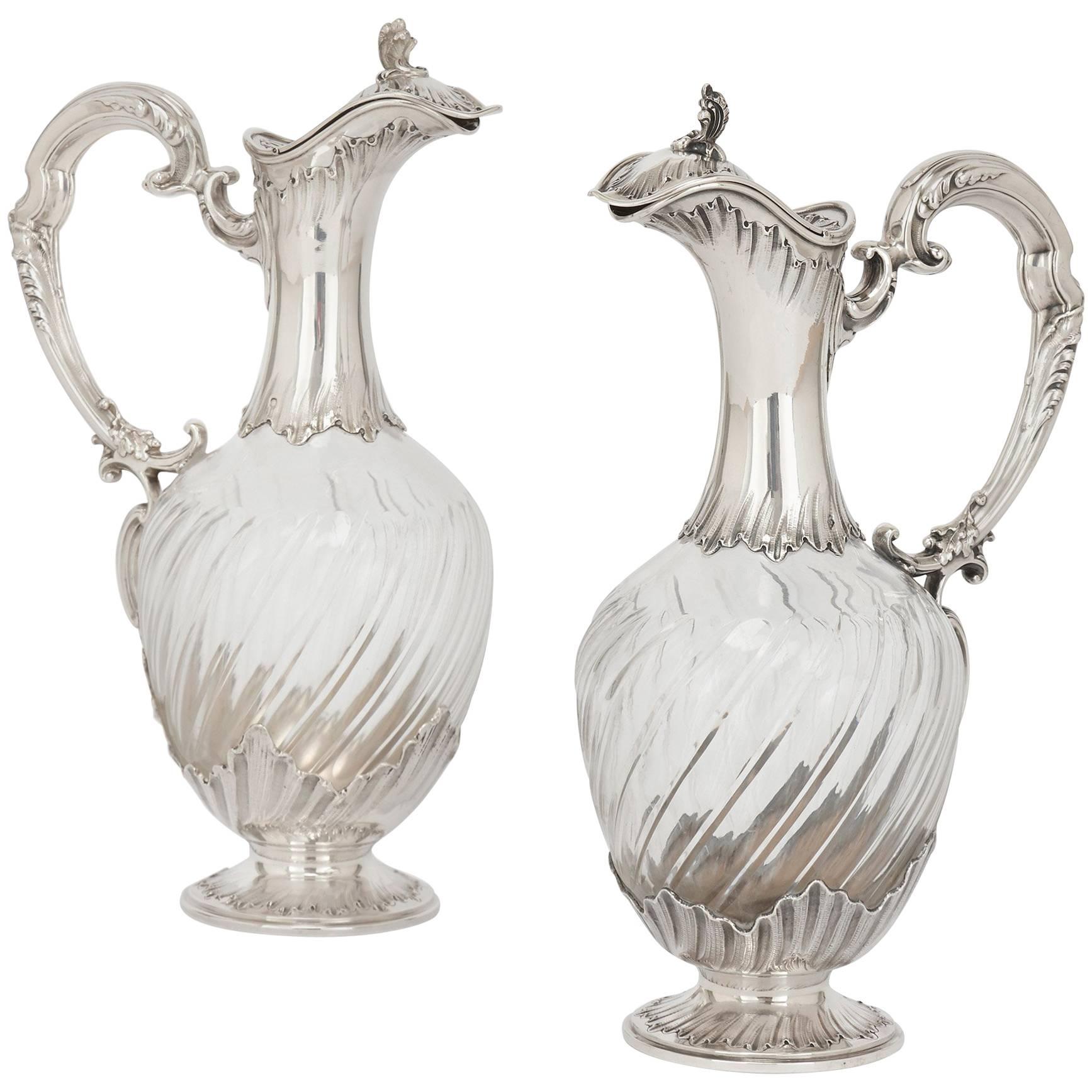 Pair of 19th Century French Silver and Crystal Claret Jugs by Henri Soufflot