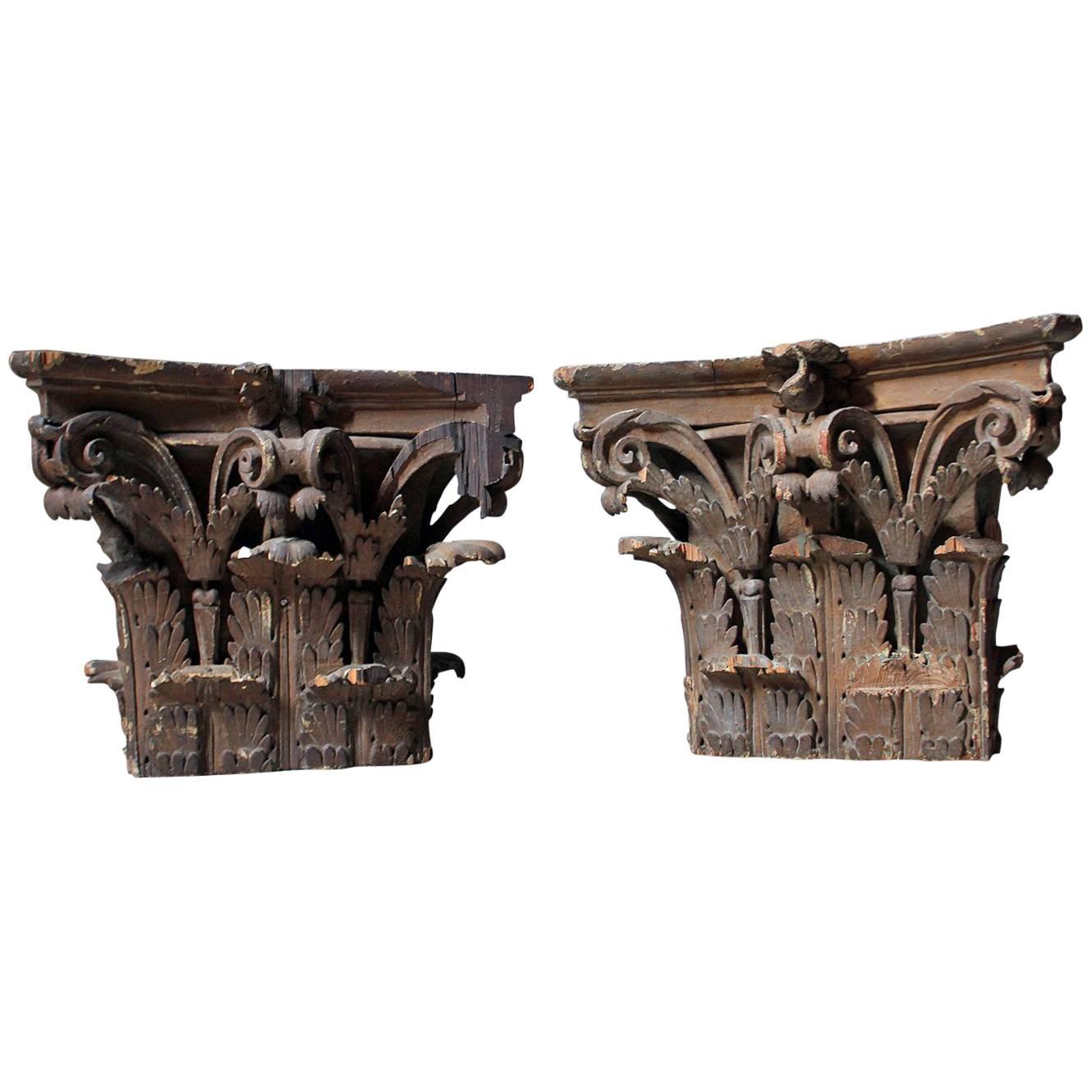 Pair of Carved Pine and Plaster Painted Corinthian Capital Wall Brackets