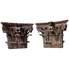 Pair of Carved Pine and Plaster Painted Corinthian Capital Wall Brackets