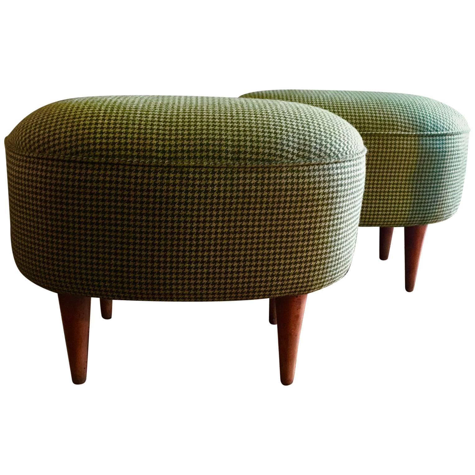 1950s Italian Footstools in a Woollen Green Houndstooth Upholstery, Pair