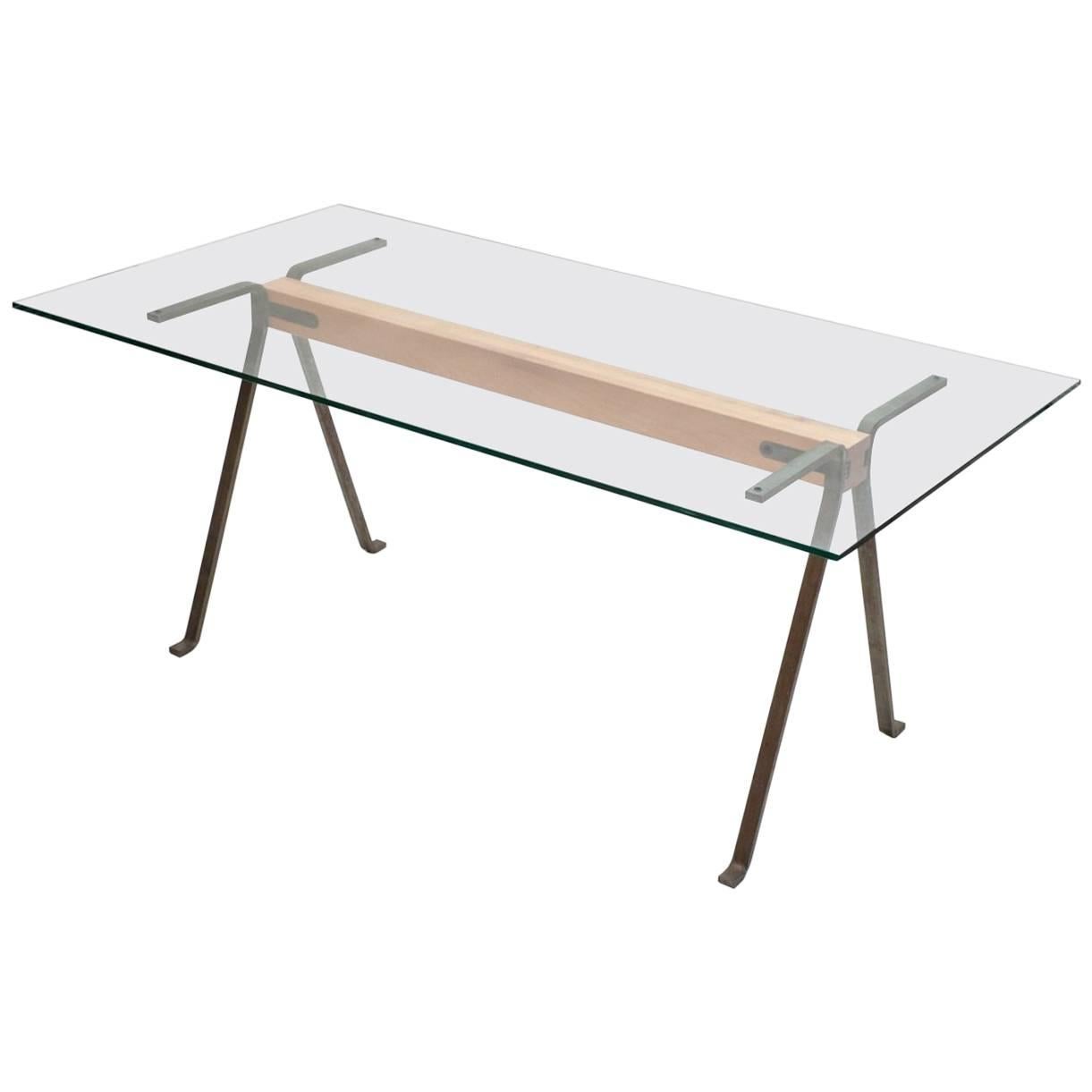 "Frate" Tempered Glass Top Benchwood Beam and Steel Table by E. Mari for Driade For Sale