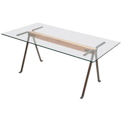 "Frate" Tempered Glass Top Benchwood Beam and Steel Table by E. Mari for Driade