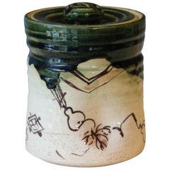 Old Vintage Oribe Japanese Tea Ceremony Pottery Zen Mizusashi Water Jar Signed