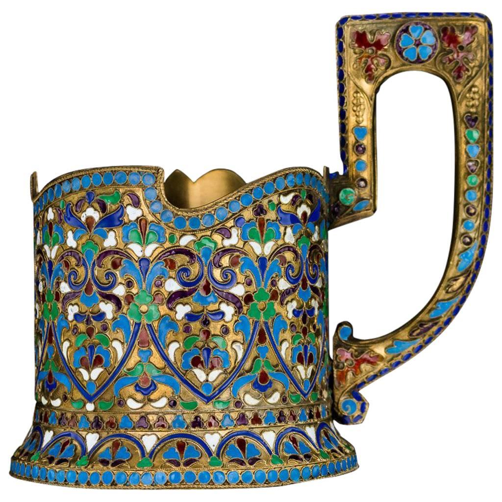 Antique Imperial Russian Solid Silver-Gilt Enamel Tea Glass Holder, circa 1900