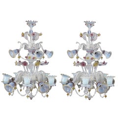 Pair of Large Venetian Opaque and Coloured Glass Fifteen-Light Chandelier