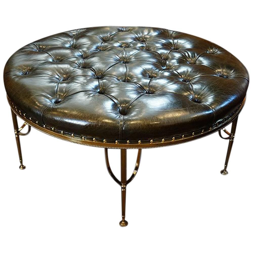 Circular Leather Stool or Coffee Table on Brass Stand