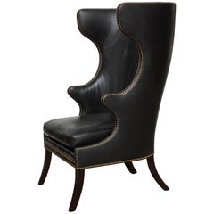 High Back Leather Chair with Mahogany, circa 1980