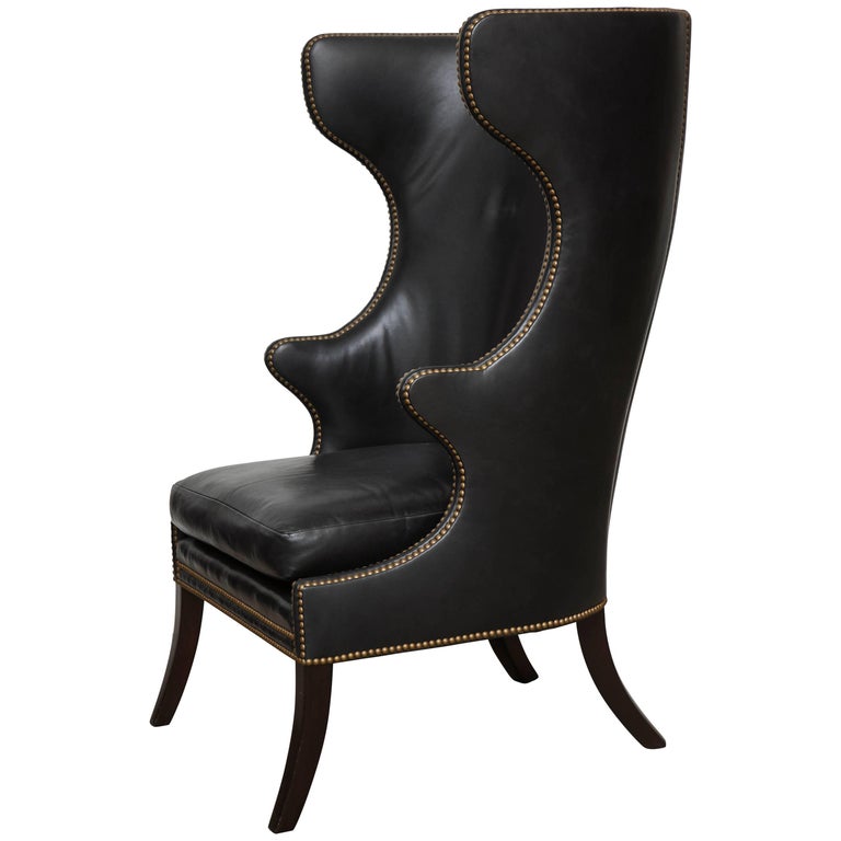 High Back Leather Chair with Mahogany, circa 1980 For Sale at 1stDibs