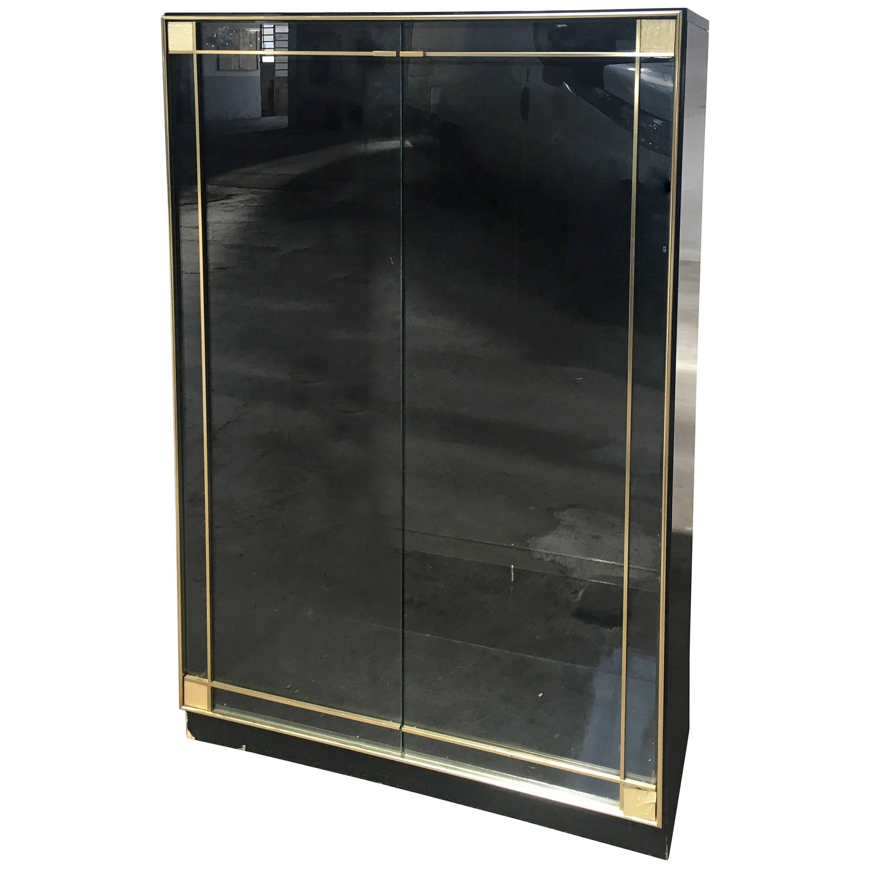 Backlit Display Cabinet in Black Wood with Smoked Glass Shutters, Italy, 1970s