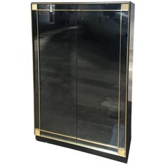 Backlit Display Cabinet in Black Wood with Smoked Glass Shutters, Italy, 1970s
