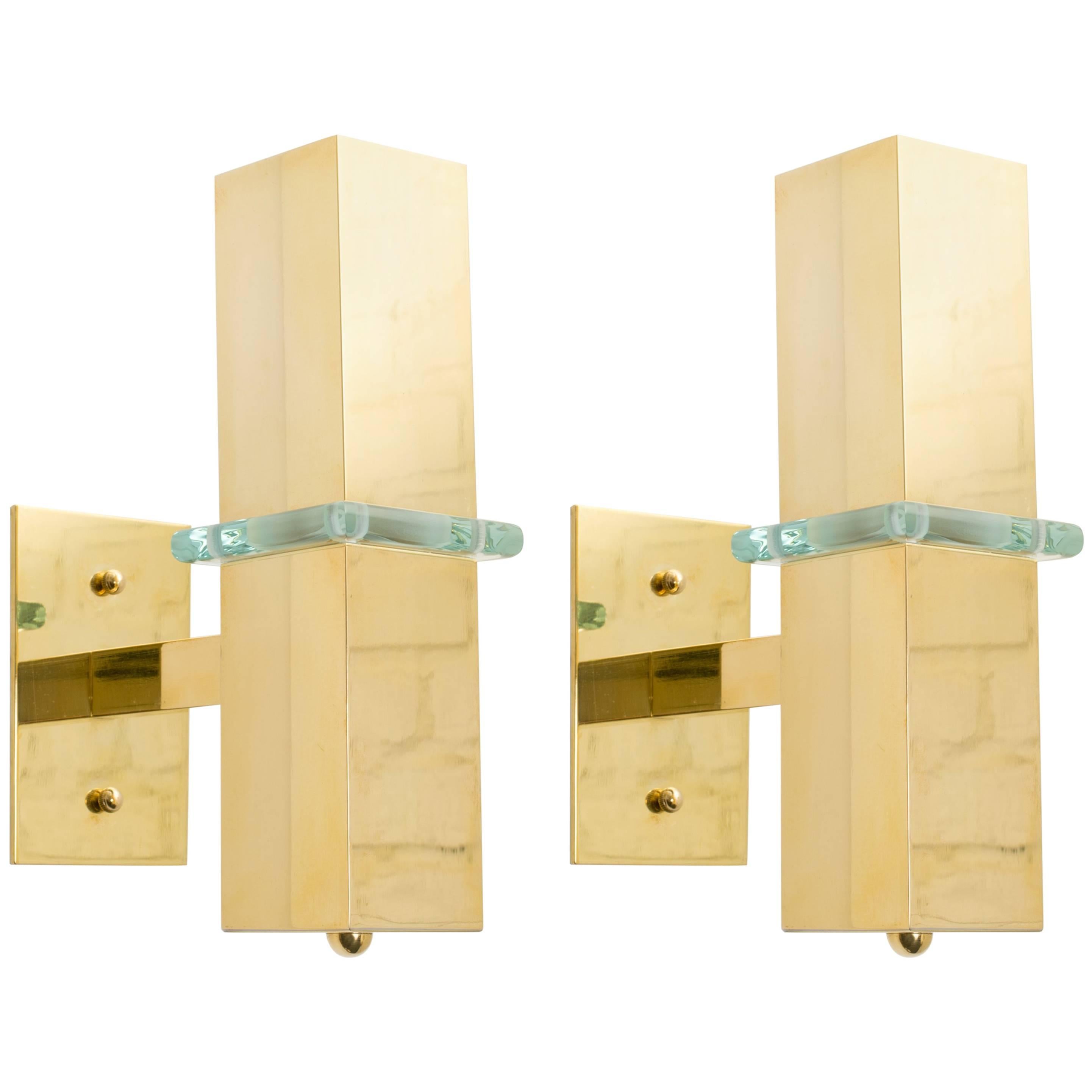 Pair of Modern Brass and Glass Sconces For Sale