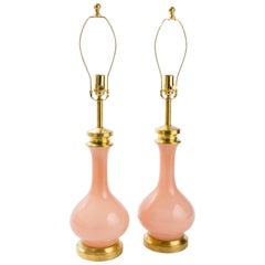 Retro Pink Murano Glass and Brass Table Lamps