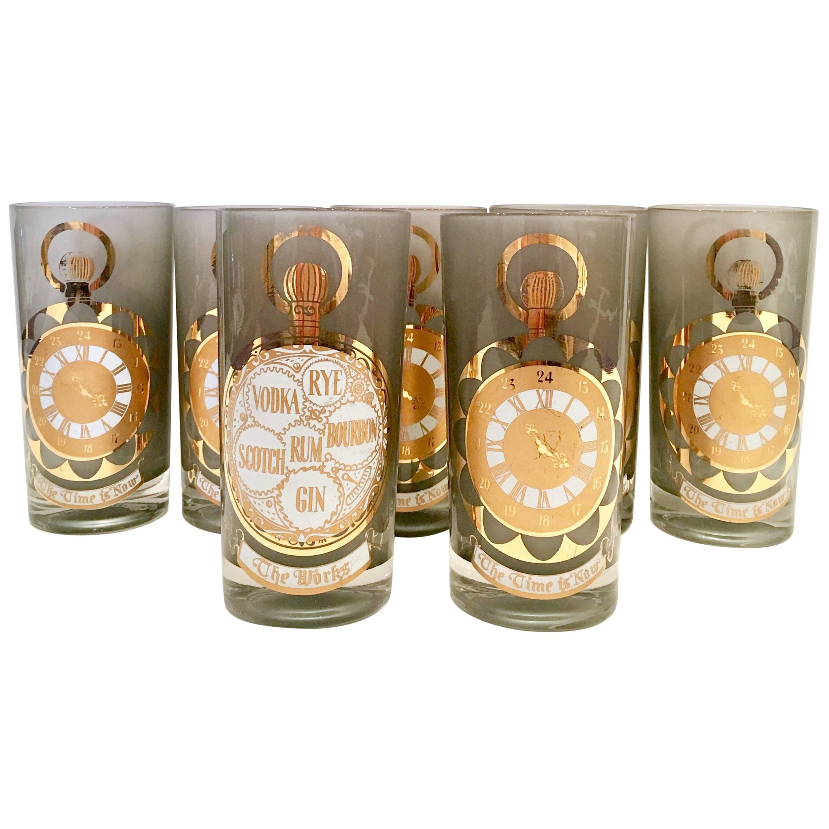 Mid-Century Frosted 22-karat Gold Printed High Ball Glasses, S/7 For Sale