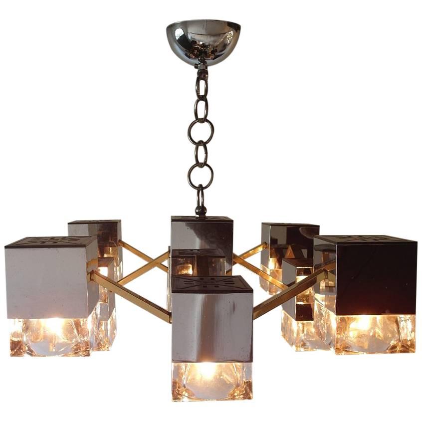 Sciolari Mirrored Chandelier with Glass Cubes and Brass, Italy, 1970s For Sale
