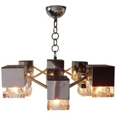 Sciolari Mirrored Chandelier with Glass Cubes and Brass, Italy, 1970s