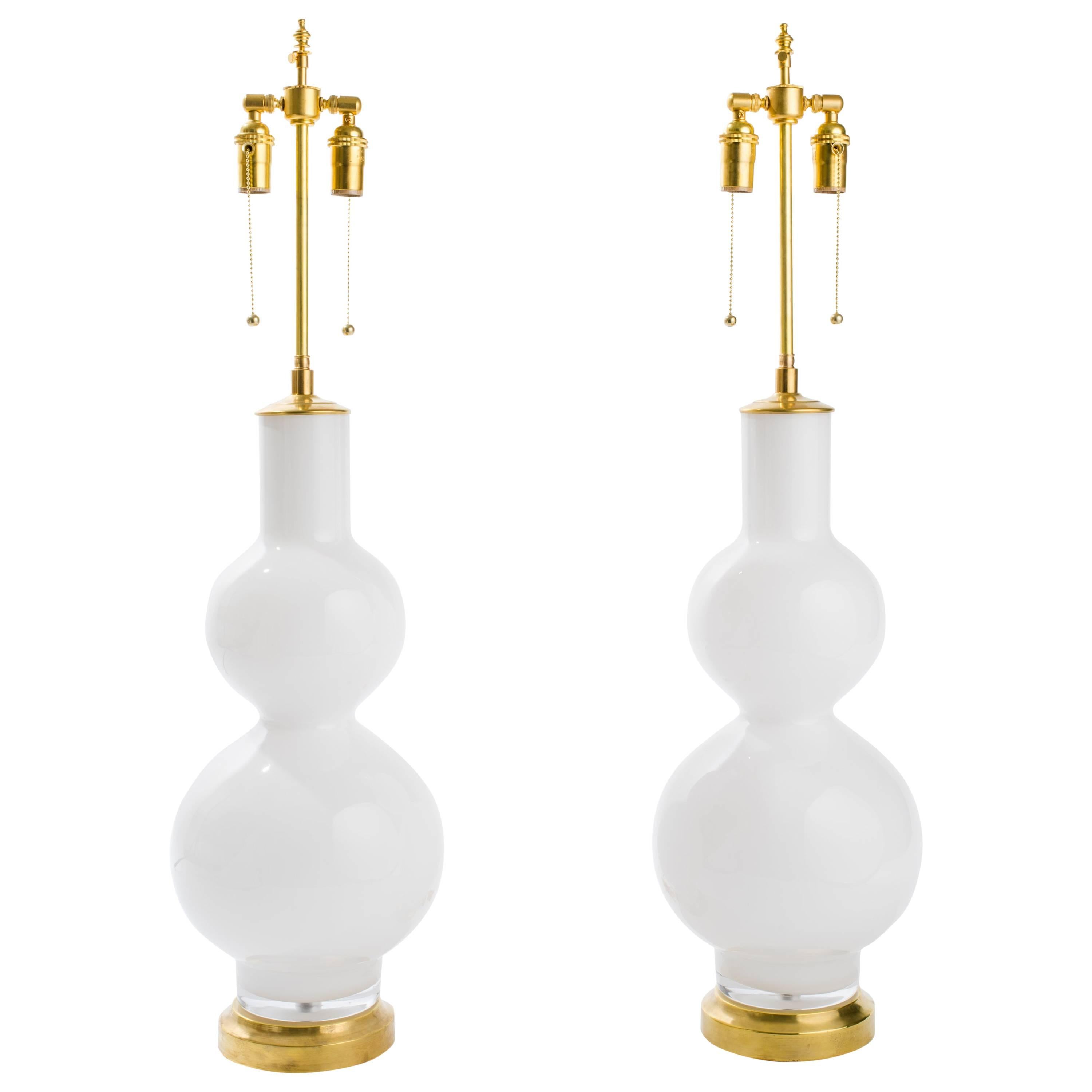 Large Italian Pair of White Glass Lamps For Sale