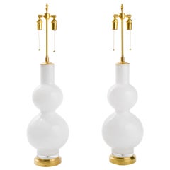 Large Italian Pair of White Glass Lamps