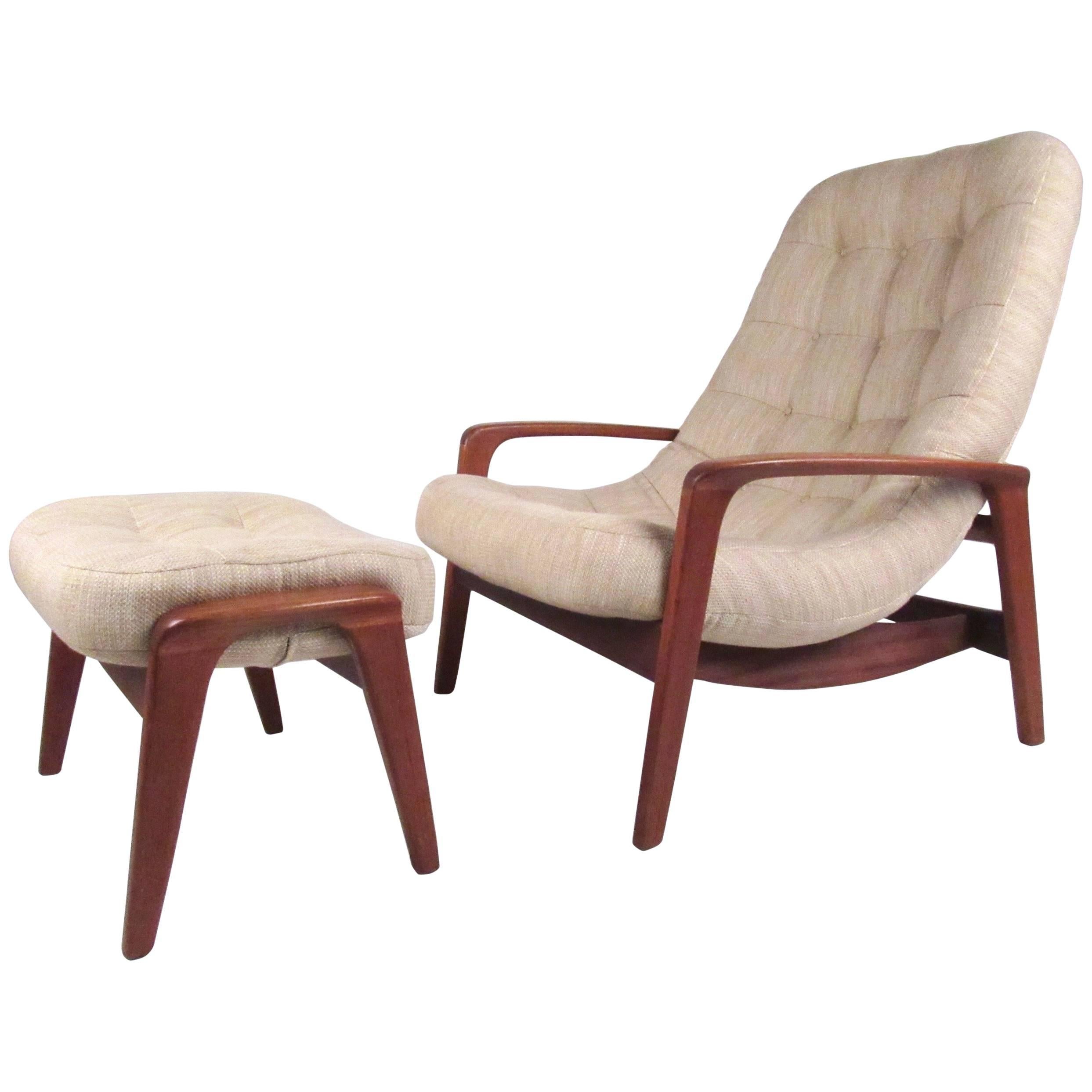 Vintage Modern Teak Frame Lounge Chair with Ottoman