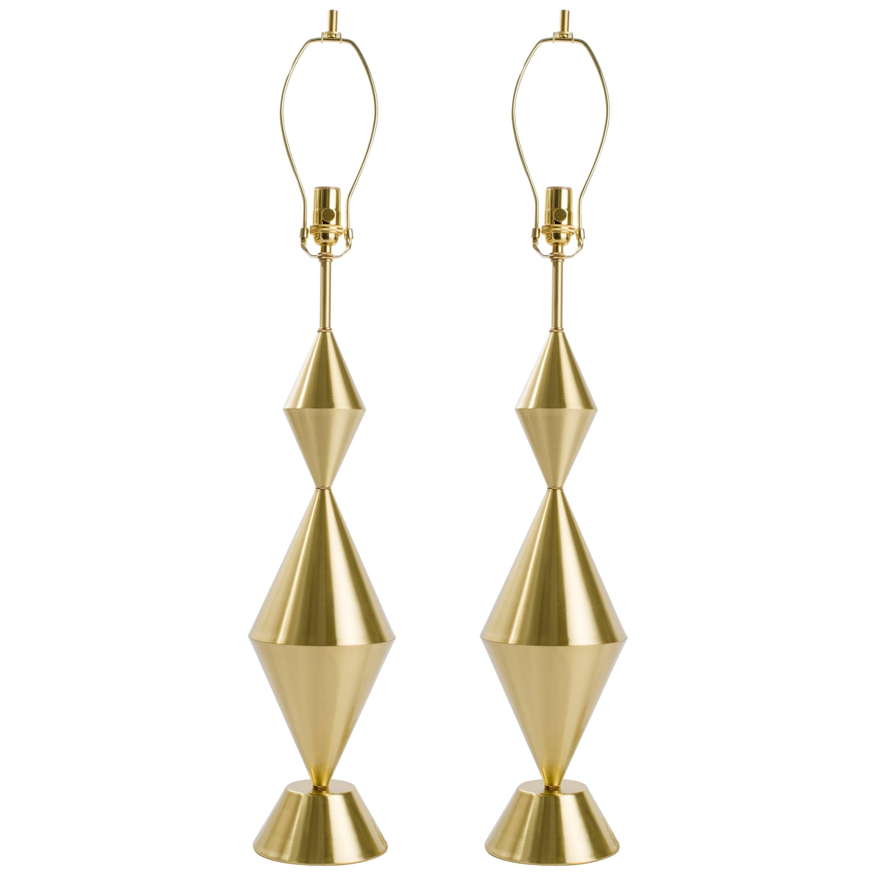Pair of Fashioned by Hand Conical Brass Lamps For Sale
