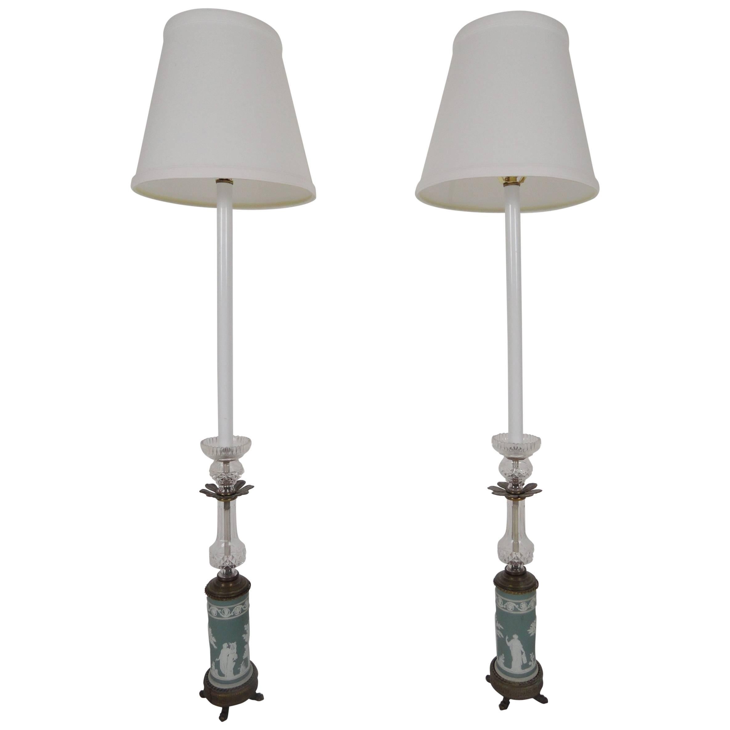 Pair of 20th Century Wedgewood Style Candlestick Lamps For Sale