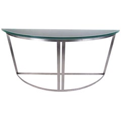 Industrial Modern Demilune Console Table with Sandblasted Glass Top