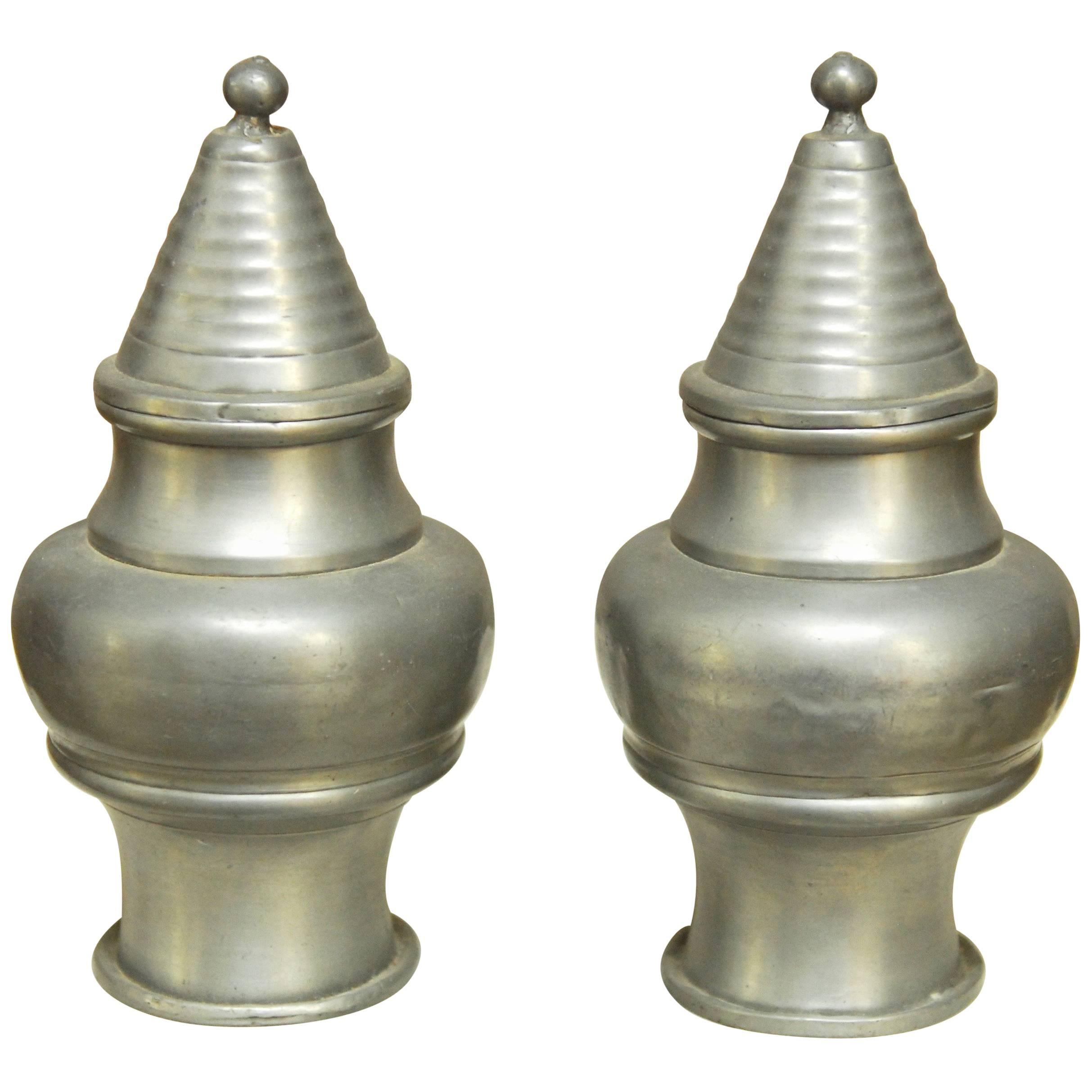 Pair of Diminutive Chinese Pewter Lidded Urns For Sale