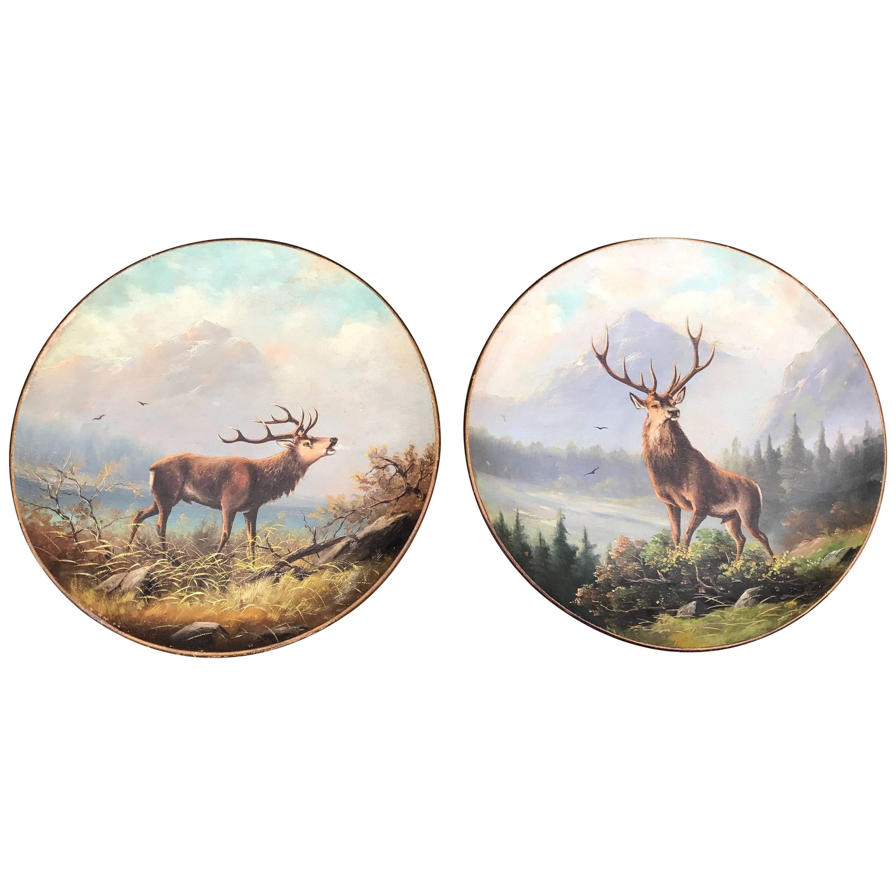 Antique Pair of Hand-Painted Earthenware  Wall Plates Landscape with Deer / Stag