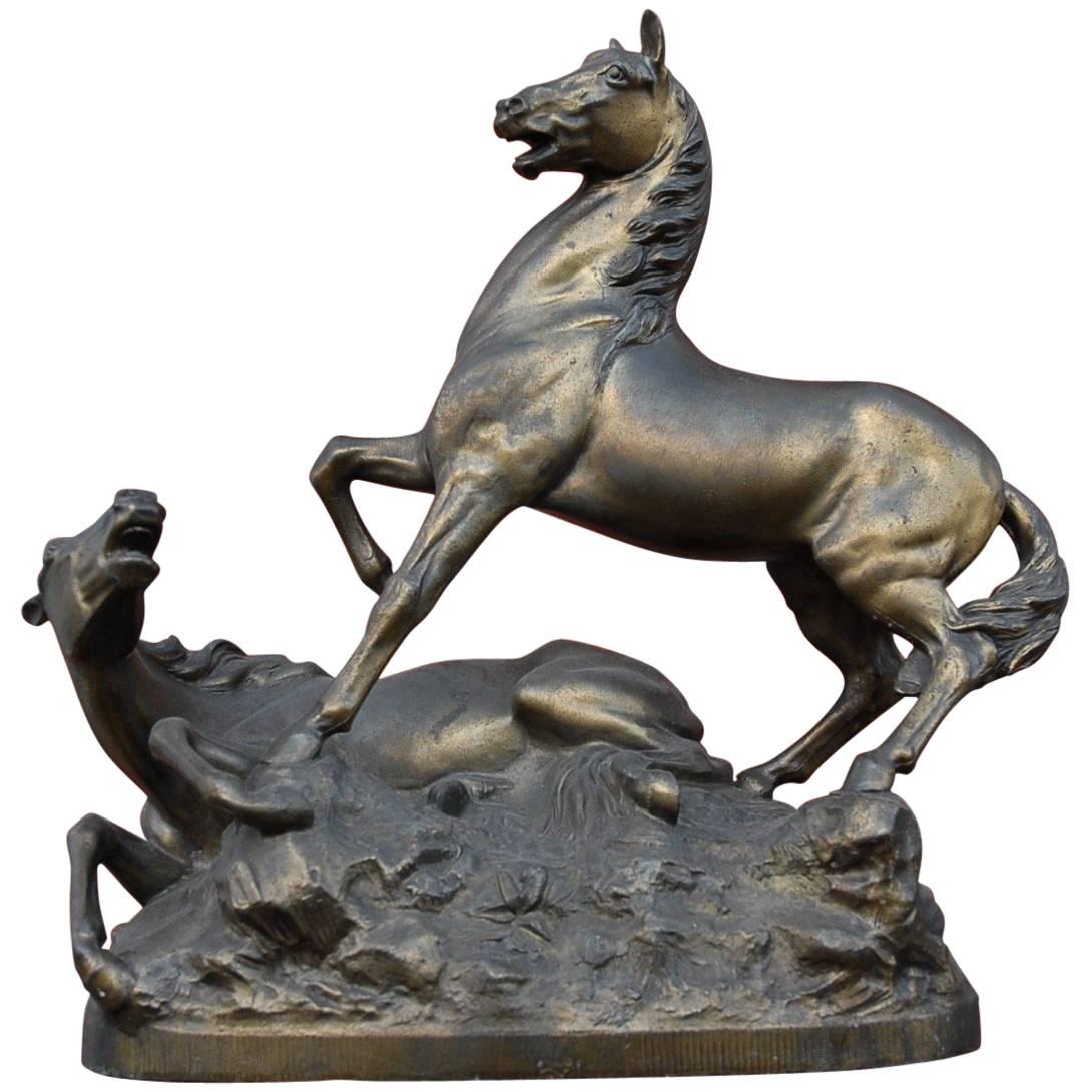 Rare Detailed and Decorative Early 20th Century Fighting Wild Horse Sculpture
