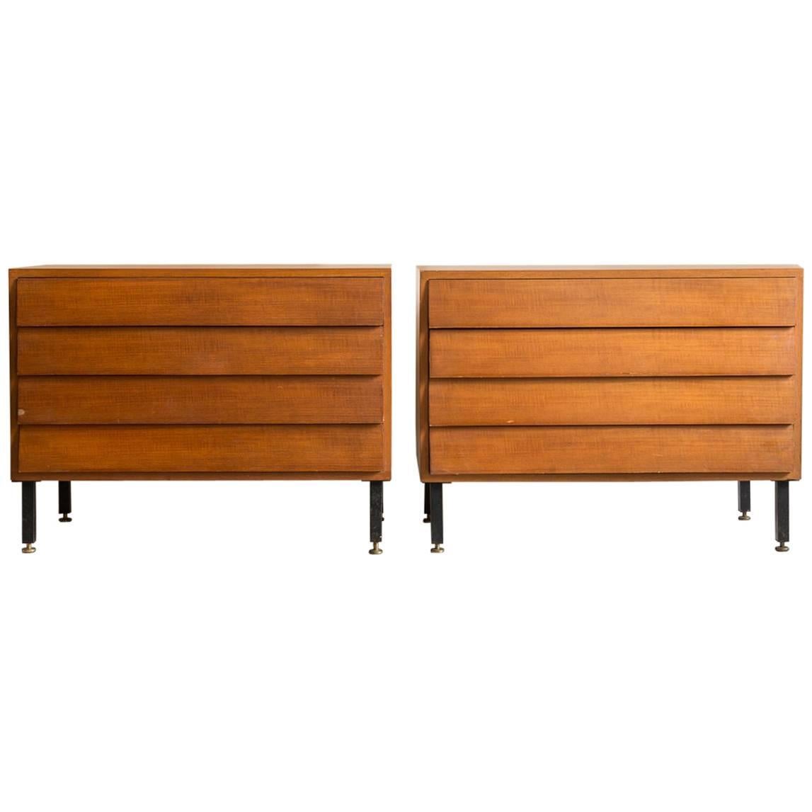 Pair of Walnut Four-Drawer Slatted Side Tables