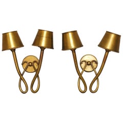 Pair of Two-Arm Looped Brass Bronze Wall Sconces