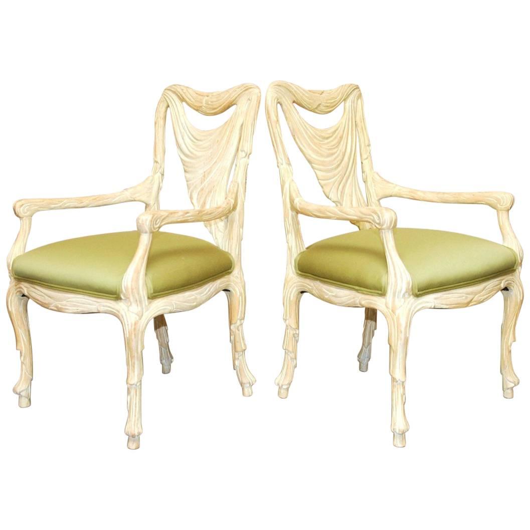 Pair of Hollywood Regency Carved Swag Back Armchairs