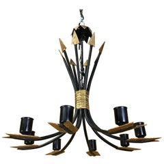 Neoclassic Gilt and Blackened Wrought Iron Arrow Motif Eight-Light Chandelier