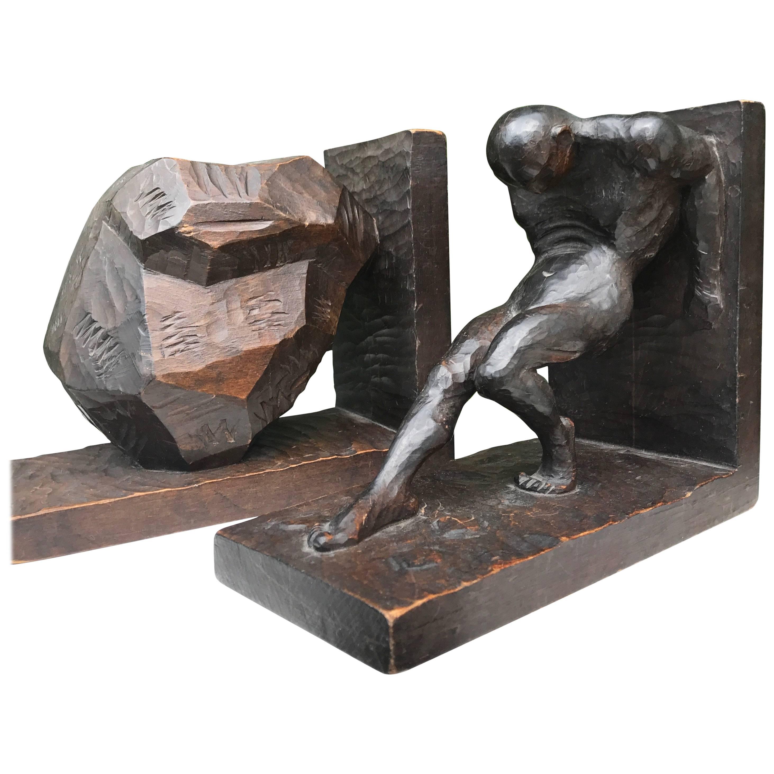 Striking and Hand-Carved Art Deco Athletic Nude Male and Rock Sculpture Bookends