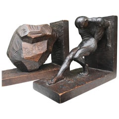 Antique Striking and Hand-Carved Art Deco Athletic Nude Male and Rock Sculpture Bookends