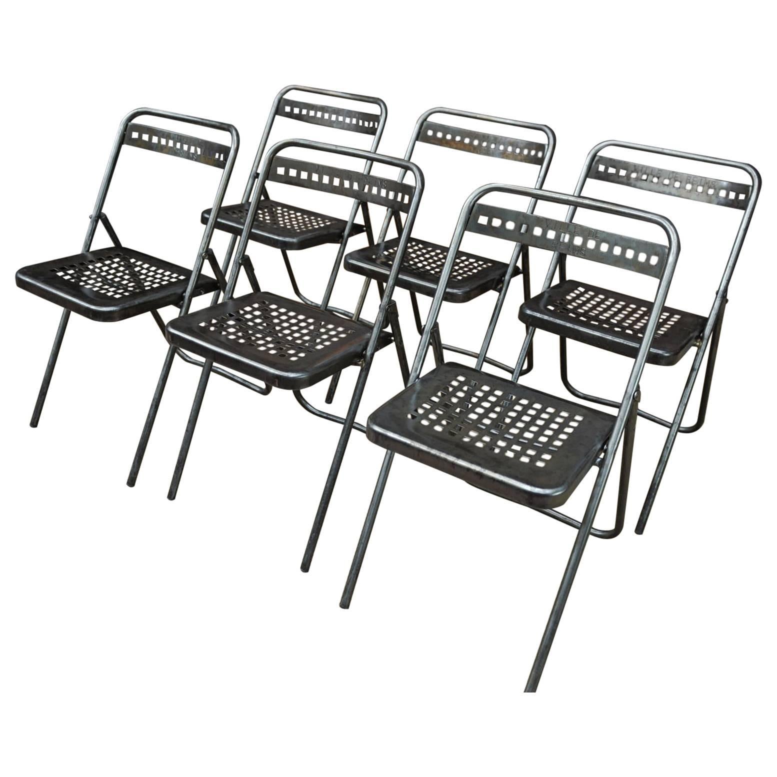 Set of Six Iron Folding Chairs from Reims City Hall, France, circa 1950 For Sale